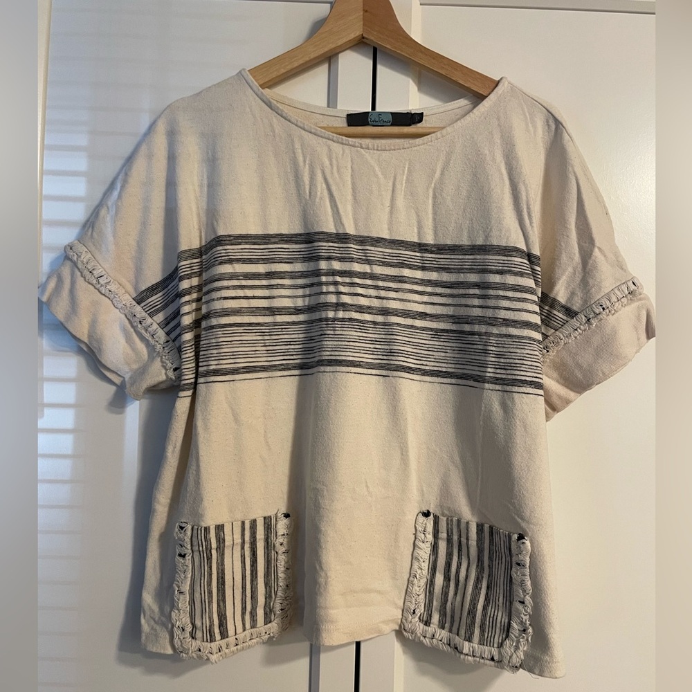Eva Franco Cream and Gray Striped Short Sleeve Top